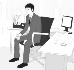 Rule 34 | 1boy, black hair, can, chair, computer, desk, formal, glasses, greyscale, holding, holding can, indoors, keyboard (computer), male focus, monitor, monochrome, mouse (computer), necktie, office, office chair, original, papers, pda, pen, re:i, sitting, solo, suit, swivel chair