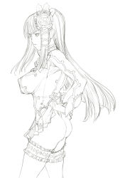 Rule 34 | 1girl, ass, bad id, bad pixiv id, breasts, clothes lift, covered erect nipples, eyepatch, flower, frilled thighhighs, frills, greyscale, hair flower, hair ornament, highres, impossible clothes, large breasts, long hair, monochrome, nagisa (psp2i), nakabayashi reimei, no panties, panties, phantasy star, phantasy star portable 2, phantasy star portable 2 infinity, simple background, skirt, skirt lift, solo, thigh strap, thighhighs, thong, underwear, uniform, upskirt, wedgie, white background