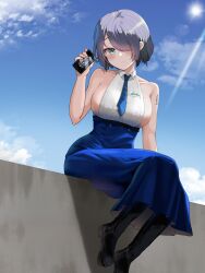 Rule 34 | 1girl, absurdres, alternate hair length, alternate hairstyle, backless shirt, bare shoulders, black footwear, blue eyes, blue necktie, blue skirt, blue sky, blush, boots, breasts, brid (nikke), cellphone, closed mouth, cloud, collarbone, collared shirt, commentary, day, full body, goddess of victory: nikke, grey hair, hair between eyes, hair over one eye, hand up, high-waist skirt, highres, holding, holding phone, large breasts, long skirt, looking at viewer, mole, mole on breast, necktie, no headwear, outdoors, phone, shadow, shirt, short hair, shoulder tattoo, sideboob, sidelocks, sitting, skirt, sky, sleeveless, smartphone, solo, striped necktie, sunlight, tattoo, white shirt, yomining