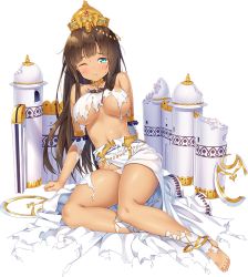 Rule 34 | 1girl, ;(, amber (oshiro project), artist request, bare shoulders, barefoot, blue eyes, blush, breasts, breasts apart, brown hair, crown, dark-skinned female, dark skin, full body, large breasts, long hair, looking at viewer, navel, oshiro project:re, oshiro project:re, panties, solo, thighs, torn clothes, transparent background, underboob, underwear, white legwear