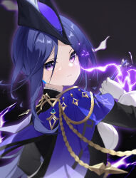 Rule 34 | 1girl, absurdres, black background, blue capelet, blue hair, breasts, candy shunya, capelet, clorinde (genshin impact), electricity, genshin impact, gloves, hat, highres, holding, long hair, medium breasts, purple eyes, shirt, solo, tricorne, upper body, white gloves, white shirt