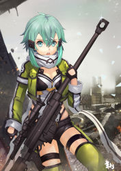 Rule 34 | 1girl, anti-materiel rifle, aqua eyes, aqua hair, black gloves, black shorts, bolt action, breasts, cleavage, cloud, fingerless gloves, gloves, green jacket, green thighhighs, grey scarf, gun, hair between eyes, hair ornament, hairclip, highres, holding, holding gun, holding weapon, insoom, jacket, leotard, looking at viewer, medium breasts, open clothes, open jacket, open mouth, outdoors, pgm hecate ii, rifle, ruins, scarf, short hair with long locks, short shorts, shorts, sidelocks, sinon, sniper rifle, solo, sword art online, thigh strap, thighhighs, torn clothes, torn scarf, weapon