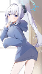 Rule 34 | 1girl, absurdres, alternate costume, ass, blue archive, blue halo, blue hoodie, blush, breasts, closed mouth, cowboy shot, futagoma, halo, highres, hood, hoodie, index finger raised, long hair, long sleeves, miyako (blue archive), ponytail, purple eyes, small breasts, solo, white hair, window