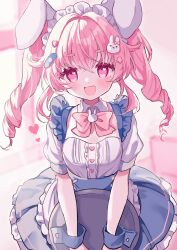 Rule 34 | 1girl, absurdres, animal ears, apron, bow, bowtie, copyright request, detached collar, drill hair, fake animal ears, fang, hair ornament, highres, karunabaru, long hair, maid, maid headdress, pink bow, pink bowtie, pink eyes, pink hair, plate, puffy short sleeves, puffy sleeves, rabbit ears, rabbit hair ornament, short sleeves, sidelocks, skin fang, smile, solo, twin drills, white apron, wrist cuffs