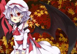 Rule 34 | 1girl, akisome hatsuka, ascot, autumn leaves, bare shoulders, bat wings, bow, detached sleeves, earrings, fang, hat, hat bow, jewelry, light purple hair, mob cap, open mouth, pointy ears, red eyes, remilia scarlet, sash, solo, touhou, wings, wrist cuffs