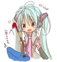 Rule 34 | 1girl, blush, crowbar, green eyes, green hair, hatsune miku, headphones, holding, holding crowbar, kuro (kuroneko no kanzume), long hair, matching hair/eyes, necktie, open mouth, simple background, smile, solo, text focus, translation request, twintails, very long hair, vocaloid, white background