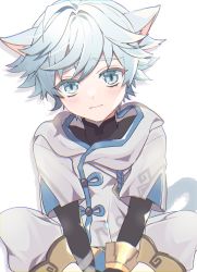 Rule 34 | 1boy, animal ears, black bodysuit, blue eyes, blush, bodysuit, bracelet, cat boy, cat ears, cat tail, chongyun (genshin impact), closed mouth, commentary, eyelashes, genshin impact, hair between eyes, highres, hood, hood down, hooded jacket, ina (t play1125), jacket, jewelry, kemonomimi mode, looking at viewer, male focus, raised eyebrows, short hair, short sleeves, sitting, solo, symbol-only commentary, tail, white background, white jacket