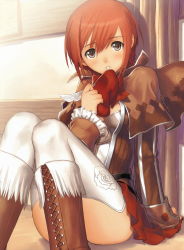 Rule 34 | blush, boots, breasts, cleavage, cross-laced footwear, highres, lace-up boots, miniskirt, red eyes, red hair, seena kanon, sega, shining (series), shining wind, short hair, sitting, skirt, solo, swept bangs, thighhighs, tony taka, white thighhighs