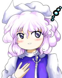 Rule 34 | 1girl, blush, hand up, hashtag-only commentary, highres, letty whiterock, long sleeves, looking at viewer, medium hair, parted lips, purple eyes, purple hair, purple vest, simple background, smile, solo, squeans, touhou, upper body, vest, white background, white headwear, yakumora n, zun (style)