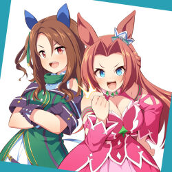 Rule 34 | 2girls, :d, ^^^, animal ears, bare shoulders, blue background, blue eyes, braid, breasts, brown hair, cleavage, clenched hand, collared shirt, crossed arms, dress, forehead, green jacket, hair between eyes, horse ears, jacket, kawakami princess (umamusume), king halo (umamusume), long hair, medium breasts, multiple girls, one side up, open mouth, parted bangs, pink dress, red hair, shirt, sleeveless, sleeveless dress, smile, two-tone background, uccow, umamusume, v-shaped eyebrows, very long hair, white background, white dress