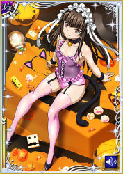 Rule 34 | 00s, 1girl, animal ears, breasts, brown hair, card (medium), cat ears, curvy, fake animal ears, fake tail, female focus, from above, garter straps, high heels, ikkitousen, jack-o&#039;-lantern, leotard, long hair, looking at viewer, maid headdress, neck bell, pink thighhighs, pumpkin, pumps, scrunchie, shiny skin, sitting, small breasts, smile, solo, tail, ten&#039;i (ikkitousen), thighhighs, wrist scrunchie