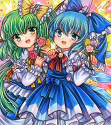 Rule 34 | 2girls, :d, blue bow, blue dress, blue hair, blue skirt, blush, bouquet, bow, bowtie, bug, butterfly, cirno, cowboy shot, daiyousei, dress, dress bow, embellished costume, flower, frilled bow, frilled shirt, frilled shirt collar, frilled skirt, frilled sleeves, frills, green eyes, green hair, hair between eyes, hair bow, holding, holding bouquet, holding flower, ice, ice wings, insect, long hair, long sleeves, looking at viewer, marker (medium), medium hair, multiple girls, neck ribbon, one side up, open mouth, orange ribbon, pink flower, pink rose, red bow, red bowtie, ribbon, rose, rui (sugar3), sample watermark, shirt, skirt, sleeve bow, smile, standing, touhou, traditional media, very long hair, watermark, white shirt, wings, yellow background, yellow bow, yellow flower, yellow ribbon