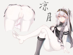 Rule 34 | 1girl, absurdres, ass, boots, feet, hair ornament, hairband, highres, kantai collection, crossed legs, long hair, looking at viewer, no panties, purple eyes, pussy, see-through, see-through legwear, shoes, unworn shoes, silver hair, single shoe, soles, suzutsuki (kancolle), toes, white legwear