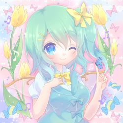 Rule 34 | 1girl, blue dress, blue eyes, blue hair, bow, breasts, bug, butterfly, butterfly on hand, candy, daiyousei, dress, fairy wings, flower, food, gradient hair, green hair, hair bow, hair ornament, hairclip, hand on own chest, bug, kokorominton, large breasts, looking at viewer, matching hair/eyes, multicolored hair, musical note, one eye closed, puffy sleeves, shirt, short sleeves, side ponytail, smile, solo, touhou, tulip, wings, wink, wrapped candy
