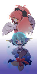 Rule 34 | 10s, 2girls, blue eyes, blue hair, bow, chibi, feathered wings, food, gloves, hair bow, head wings, mahou shoujo madoka magica, mahou shoujo madoka magica (anime), mermaid, miki sayaka, monster girl, mouth hold, multiple girls, oktavia von seckendorff, own hands clasped, own hands together, pink hair, pocky, ponytail, ribbon, sakura kyoko, spoilers, tail, tail bow, tail ornament, unmoving pattern, white gloves, white wings, wings, wishbone, yellow eyes