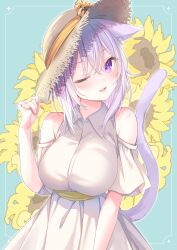 Rule 34 | 1girl, ;d, absurdres, animal ears, blush, breasts, cat ears, cat girl, cat tail, clothing cutout, collared dress, cowboy shot, dress, flower, hand on headwear, hat, highres, hololive, kmr 7m, large breasts, looking at viewer, nekomata okayu, one eye closed, open mouth, parted lips, purple eyes, short hair, short sleeves, shoulder cutout, smile, solo, straw hat, sun hat, sunflower, tail, virtual youtuber, white dress