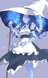 Rule 34 | 1girl, alternate breast size, alternate costume, apron, black dress, blue eyes, blue hair, blue skin, blush, broom, colored skin, cracked skin, doll joints, dress, elden ring, enmaided, extra arms, extra faces, frills, hat, highres, jewelry, joints, long hair, looking at viewer, maid, maid apron, maid headdress, niie, one eye closed, ranni the witch, skirt, solo, witch, witch hat, wrist cuffs