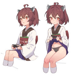 Rule 34 | 1girl, ahoge, black panties, blush, brown hair, clothes lift, commentary request, controller, expressionless, game controller, headgear, highres, holding, holding controller, holding game controller, japanese clothes, kimono, lifting own clothes, looking at viewer, multiple views, navel, obi, open mouth, panties, purple skirt, red eyes, sash, short hair, short kimono, simple background, sitting, skirt, skirt lift, socks, touhoku kiritan, underwear, voiceroid, white background, white kimono, white socks, yamamomo (plank)