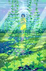 Rule 34 | 1girl, abstract, blue hair, boots, bubble, hiko (scape), light rays, original, raincoat, rubber boots, short hair, smile, solo, sunlight, transparent, transparent umbrella, umbrella, underwater, water