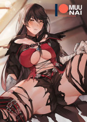 Rule 34 | 1girl, ass, bandaged arm, bandages, bare shoulders, black hair, blush, braid, breasts, brown eyes, coat, from below, glint, hair between eyes, large breasts, long hair, looking at viewer, muunai, parted lips, shiny skin, short shorts, shorts, sitting, solo, spread legs, sweatdrop, tales of (series), tales of berseria, thighhighs, torn clothes, velvet crowe, very long hair