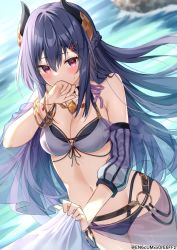 Rule 34 | 1girl, absurdres, bare shoulders, beach, bikini, blue hair, blush, bracelet, braid, breasts, cleavage, clothes tug, commentary, covered mouth, dark blue hair, demon horns, dutch angle, elbow sleeve, hair between eyes, hair ornament, hairclip, halterneck, hand up, highleg, highleg bikini, highleg swimsuit, highres, horns, jewelry, long hair, looking at viewer, medium breasts, navel, necklace, o-ring, o-ring bottom, outdoors, princess connect!, purple eyes, rei (princess connect!), rei (summer) (princess connect!), sarong, solo focus, standing, stomach, string bikini, sweatdrop, swimsuit, twitter username, water, yamano rokamizu
