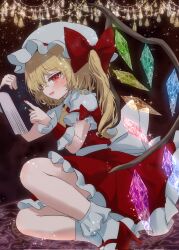 Rule 34 | 1girl, ascot, blonde hair, book, crystal, fang, flandre scarlet, frilled skirt, frilled wrist cuffs, frills, hat, highres, holding, holding book, mikan (manmarumikan), mob cap, multicolored wings, one side up, red eyes, red footwear, red nails, red skirt, ribbon, skirt, skirt set, touhou, wings, wrist cuffs
