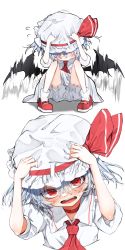 Rule 34 | 1girl, absurdres, bloomers, blush, charisma guard, cowering, hands on headwear, hat, highres, nose blush, red eyes, red footwear, remilia scarlet, shoes, simple background, socks, touhou, tsune (tune), underwear, white background, white headwear, wings