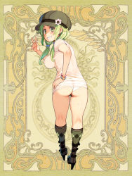 Rule 34 | 1girl, argyle, argyle clothes, argyle legwear, ass, bracelet, breasts, character request, covered erect nipples, full body, green eyes, green hair, grin, hair over shoulder, hand on own hip, hat, high heels, jewelry, large breasts, long hair, looking at viewer, low twintails, matching hair/eyes, official art, psychic hearts, ryoji (nomura ryouji), see-through, skin tight, smile, socks, solo, twintails, v