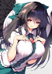 Rule 34 | 1girl, absurdres, bird wings, black hair, black wings, blush, bow, breasts, buttons, collared shirt, feathered wings, green bow, green skirt, hair between eyes, hair bow, highres, large breasts, long hair, open mouth, red eyes, reiuji utsuho, sakurame, shirt, simple background, skirt, solo, third eye, touhou, upper body, white background, white shirt, wings