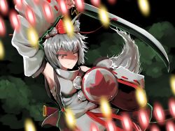 Rule 34 | 1girl, animal ears, arm up, attack, breasts, closed mouth, cowboy shot, danmaku, dark, detached sleeves, eyebrows, floating, grey hair, hat, headwear request, highres, holding, holding shield, holding sword, holding weapon, inubashiri momiji, japanese clothes, leaf, long sleeves, medium breasts, night, outdoors, pom pom (clothes), red eyes, red headwear, red ribbon, ribbon, ribbon-trimmed sleeves, ribbon trim, sarashi, serious, shaded face, shield, shirt, short hair, skirt, spell card, sunnysideup, sword, tail, tokin hat, touhou, traditional clothes, v-shaped eyebrows, weapon, wide sleeves, wolf ears, wolf tail