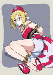 Rule 34 | 1girl, absurdres, anklet, arms behind back, barefoot, bdsm, blonde hair, blouse, blue eyes, body blush, bondage, bound, bound ankles, bound arms, bound wrists, breasts, cleavage, cloth gag, collar, collarbone, creatures (company), feet, gag, gagged, game freak, hair between eyes, hair ornament, highres, improvised gag, irida (pokemon), jewelry, legs, looking at viewer, lost one zero, nintendo, over the nose gag, pokemon, pokemon legends: arceus, red shirt, rope, shirt, shoes, solo, toenails, toes, unworn shoes