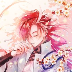 Rule 34 | 1boy, artist request, black hair, blush, cherry blossoms, closed mouth, commentary request, dragon print, earrings, eyebrow cut, falling petals, fate/grand order, fate (series), flower, holding, holding petal, jacket, japanese clothes, jewelry, light smile, long hair, long sleeves, looking to the side, male focus, multicolored hair, multiple earrings, pectoral cleavage, pectorals, petals, red eyes, red hair, simple background, smile, solo, streaked hair, takasugi shinsaku (fate), tomato (otom67), toned, toned male, upper body, white hair, white jacket