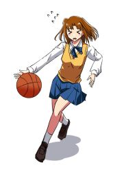 Rule 34 | &gt; &lt;, ball, basketball, basketball (object), blue ribbon, blue skirt, blush, brown hair, cardigan, highres, kimleepark1129, ribbon, skirt, tsukihime, twintails, yellow cardigan, yumizuka satsuki