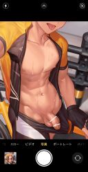 Rule 34 | 1boy, abs, bar censor, bare pectorals, bicycle, bike jersey, bike shorts, bike shorts pull, black gloves, black shorts, censored, clothes pull, cycling uniform, fake phone screenshot, fake screenshot, flaccid, gloves, highres, male focus, muscular, muscular male, navel, nayoshi (r-744), nipples, open clothes, original, pectorals, penis, pulling own clothes, shorts, shorts pull, solo, sweat, tongue, tongue out