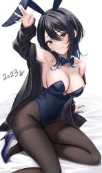 Rule 34 | 1girl, 2023, absurdres, animal ears, arm support, arm up, armpits, bare shoulders, black cardigan, black hair, black nails, black pantyhose, blue bow, blue bowtie, blue footwear, blue hair, blue leotard, blush, bow, bowtie, breasts, cardigan, chinese zodiac, cleavage, closed mouth, collar, colored tips, commentary, detached collar, fake animal ears, fang, fang out, fingernails, foot out of frame, hair between eyes, high heels, highleg, highleg leotard, highres, jacket, leotard, long fingernails, long sleeves, looking at viewer, medium breasts, medium hair, multicolored hair, nail polish, off shoulder, open cardigan, open clothes, original, pantyhose, playboy bunny, rabbit ears, rama (yu-light8), shoes, sidelocks, simple background, sitting, skin fang, smile, solo, strapless, strapless leotard, streaked hair, thighband pantyhose, thighs, two-tone hair, unworn shoe, unworn shoes, white background, white collar, wing collar, year of the rabbit, yellow eyes, yokozuwari