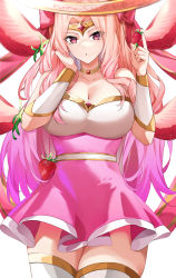 Rule 34 | 1girl, absurdres, archangel gabriel (guardian tales), breasts, circlet, cleavage, collar, dress, food, fruit, guardian tales, hand in own hair, highres, holding, holding food, large breasts, long hair, looking at viewer, mk87, multicolored hair, open mouth, parted bangs, pink dress, pink eyes, simple background, solo, strawberry, thighhighs, white thighhighs