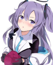 Rule 34 | 1girl, black gloves, blue archive, blue necktie, blush, gloves, hair ornament, halo, highres, holding bento, jacket, long hair, looking at viewer, necktie, open mouth, purple eyes, purple hair, raifu (rf), school uniform, simple background, solo, twintails, white background, white jacket, yuuka (blue archive)
