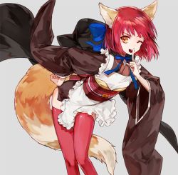 Rule 34 | 10s, 1girl, :d, animal ears, apron, bent over, brown kimono, cosplay, fate/extra, fate (series), feet out of frame, finger to mouth, fox ears, fox tail, grey background, hair ribbon, hand on own hip, japanese clothes, kimono, kohaku (tsukihime), long sleeves, looking at viewer, maid, mo (mocopo), obi, one eye closed, open mouth, red hair, red thighhighs, ribbon, sash, short hair, shushing, simple background, smile, solo, standing, tail, tamamo (fate), tamamo cat (fate), tamamo no mae (fate/extra), thighhighs, tsukihime, wa maid, wide sleeves, yellow eyes