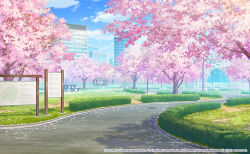 Rule 34 | blue sky, cherry blossoms, city, cloud, cloudy sky, copyright name, english text, grass, hedge, map, no humans, ono tomohiro, original, park, path, plant, project sekai, road, scenery, shadow, sign, sky, tree