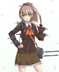 Rule 34 | 1girl, ascot, brown hair, brown jacket, brown skirt, cowboy shot, green eyes, hair between eyes, jacket, kantai collection, kumano (kancolle), long hair, looking at viewer, open mouth, peperoncirno, ponytail, school uniform, simple background, skirt, solo, white background