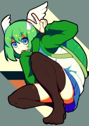 Rule 34 | 1girl, black thighhighs, blue skirt, borrowed character, closed mouth, d-floe, gift art, green eyes, green hair, head wings, highres, long sleeves, looking at viewer, original, pleated skirt, short hair, skirt, smile, solo, thighhighs, turtle shell, v, wings