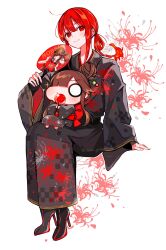 Rule 34 | 1boy, black kimono, buster shirt, candy apple, closed mouth, family crest, fate/grand order, fate (series), fiery hair, floral print, flower, food, hair between eyes, hand fan, hat, high heels, highres, holding, holding fan, japanese clothes, kimono, long sleeves, looking at viewer, low ponytail, military hat, mini nobu (fate), oda nobunaga (fate), oda uri, peaked cap, ponytail, red eyes, red hair, sidelocks, simple background, smile, spider lily, spider lily print, trap, white background, yui (tamagohan)