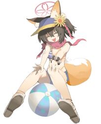 Rule 34 | 1girl, :d, ^ ^, animal ear fluff, animal ears, b zhan cm yang, ball, beachball, bikini, black hair, blue archive, blue shorts, breasts, closed eyes, commentary request, flower, fox ears, fox girl, fox tail, hair between eyes, hair flower, hair ornament, halo, izuna (blue archive), izuna (swimsuit) (blue archive), medium breasts, official alternate costume, open mouth, red halo, red scarf, sandals, scarf, short shorts, shorts, simple background, smile, solo, striped bikini, striped clothes, swimsuit, tail, visor cap, white background