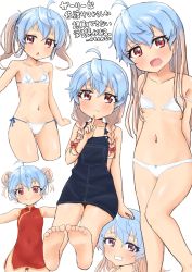 Rule 34 | 1girl, bad anatomy, bad perspective, bare arms, bare legs, bare shoulders, barefoot, bikini, blue hair, blush, bra, china dress, chinese clothes, clenched teeth, closed mouth, collarbone, double bun, dress, fang, gradient hair, hair between eyes, hair bun, highres, junes, kantai collection, long hair, multicolored hair, multiple views, navel, open mouth, outstretched arms, panties, red dress, red eyes, sado (kancolle), simple background, smile, spread arms, swimsuit, teeth, underwear, white background, white bikini, white bra, white panties
