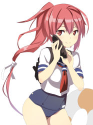 Rule 34 | 10s, 1girl, ahoge, backpack, bag, caryo, cellphone, hair ribbon, i-168 (kancolle), kantai collection, long hair, nanashino, one-piece swimsuit, phone, ponytail, red eyes, red hair, ribbon, school swimsuit, school uniform, serafuku, smartphone, smile, solo, swimsuit, swimsuit under clothes