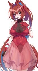 Rule 34 | 1girl, acaa, alternate hairstyle, animal ears, breasts, brown hair, commentary, covered navel, daiwa scarlet (umamusume), dress, fang, formal, gloves, hair intakes, halter dress, halterneck, hand on own chest, head tilt, highres, holding, horse ears, horse girl, horse tail, large breasts, long hair, looking at viewer, medium dress, open mouth, ponytail, red dress, red eyes, red gloves, see-through, see-through dress, simple background, skin fang, smile, solo, standing, tail, umamusume, very long hair, white background
