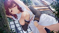 Rule 34 | 1boy, 1girl, against tree, breasts, breasts out, brown hair, clothes lift, cum, cum in pussy, cum on hair, drill hair, game cg, hetero, highres, ijuuin kimika, large breasts, mikagami mamizu, nipples, official art, outdoors, pieces / wataridori no somnium, red eyes, sex, skirt, skirt lift, smile, solo focus, tree, uncensored, vaginal