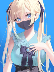 Rule 34 | 1girl, aizawa ema, bare shoulders, black bow, black mask, black skirt, blonde hair, blue background, blue eyes, blue hair, blue nails, blue ribbon, blue shirt, bow, breasts, earrings, frilled bow, frilled shirt, frills, gem, gradient hair, hair ribbon, hand on own chest, head tilt, high-waist skirt, jewelry, jirai kei, large breasts, light blue hair, long hair, looking at viewer, mask, mouth mask, multicolored hair, nobuko miele, ribbon, shirt, skirt, sleeveless, sleeveless shirt, solo, stud earrings, twintails, upper body, very long hair, virtual youtuber, vspo!