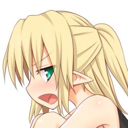 Rule 34 | 1girl, blonde hair, commentary request, from side, gin&#039;you haru, green eyes, half updo, looking at viewer, mizuhashi parsee, open mouth, pointy ears, profile picture, simple background, solo, touhou, upper body, v-shaped eyebrows, white background