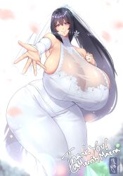 Rule 34 | 1girl, absurdres, black hair, blush, breasts, bridal veil, commentary, commission, coolpsyco, detached sleeves, dress, earrings, english commentary, flower, flower earrings, gigantic breasts, glint, halter dress, halterneck, hand on own chest, highres, jewelry, long hair, looking at viewer, open hand, original, outstretched arm, petals, purple eyes, ring, skin tight, smile, solo, veil, very long hair, wedding dress, white flower